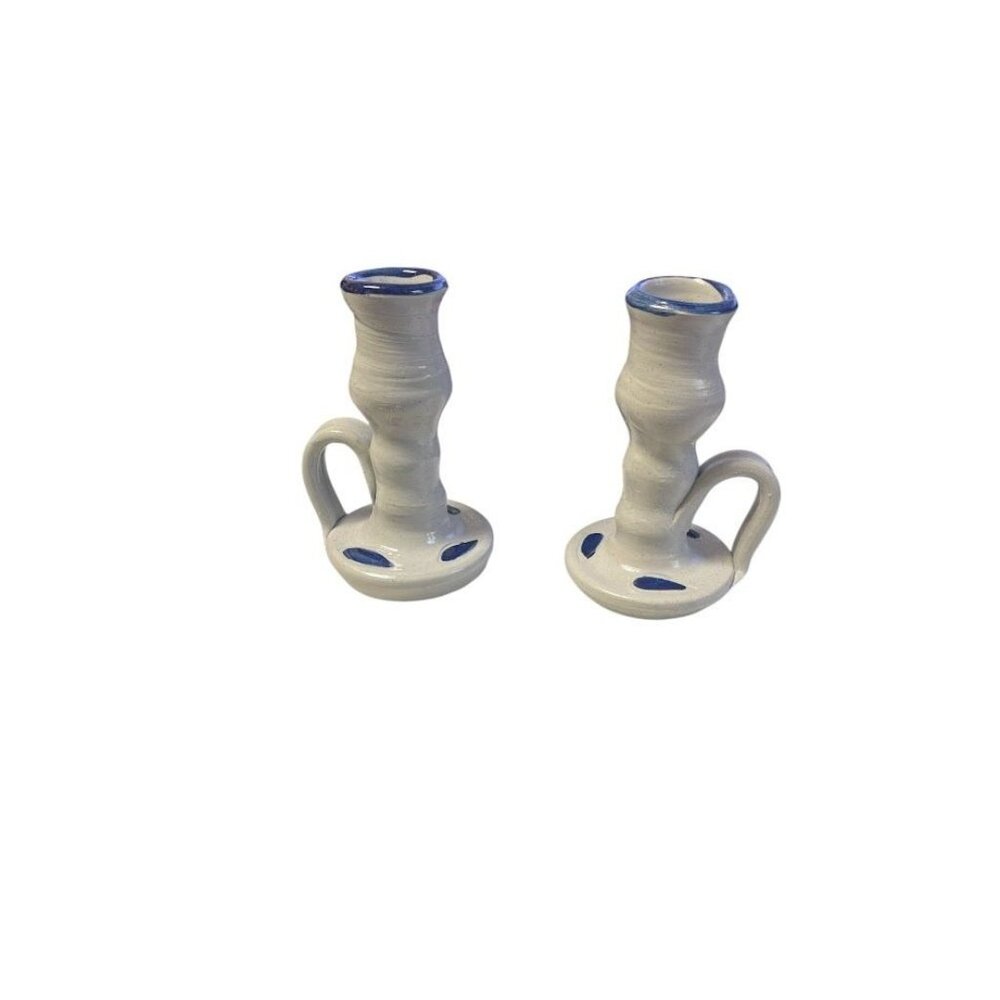 Vintage Handmade Ceramic Candle Holder With Handle (Set of 2)